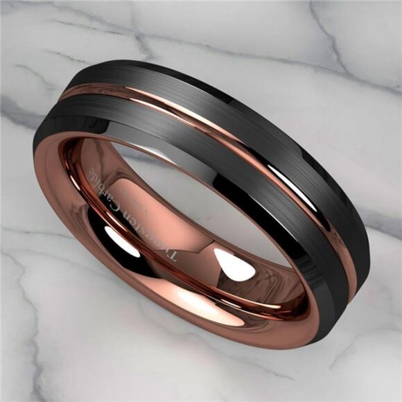 Tungsten Wedding Bands for Women 6mm Black Brushed Rose Gold Rings for Her - Picture 4 of 7